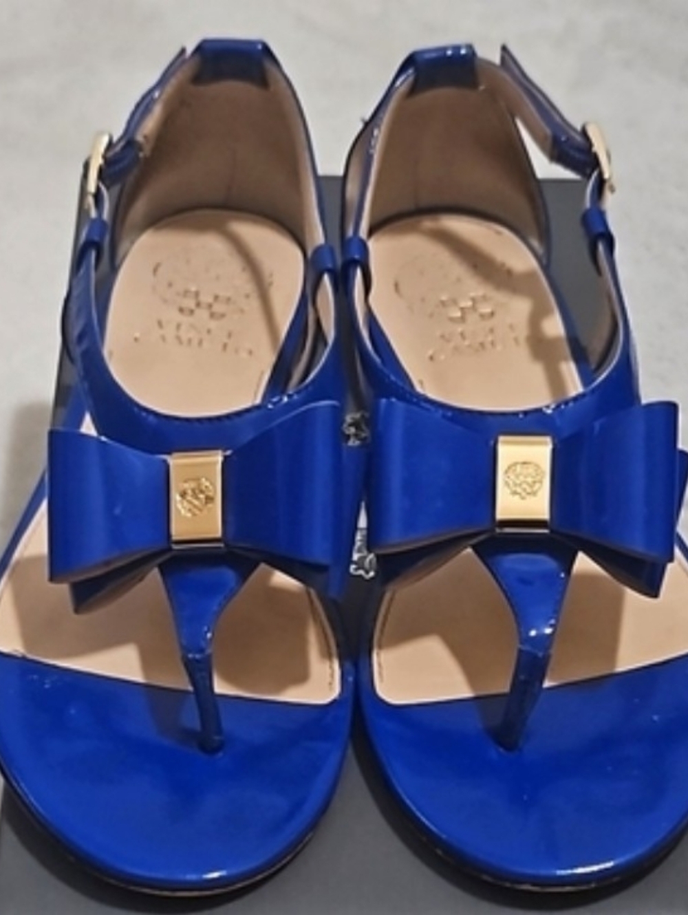 Vince Camuto- Royal Blue Patent Bow Toe Sandal with Gold Accent